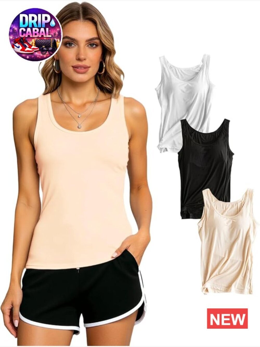 Built-in Bra Scoop Neck Tank Tops Sleeveless Camisole Stretch Casual Basic Slim